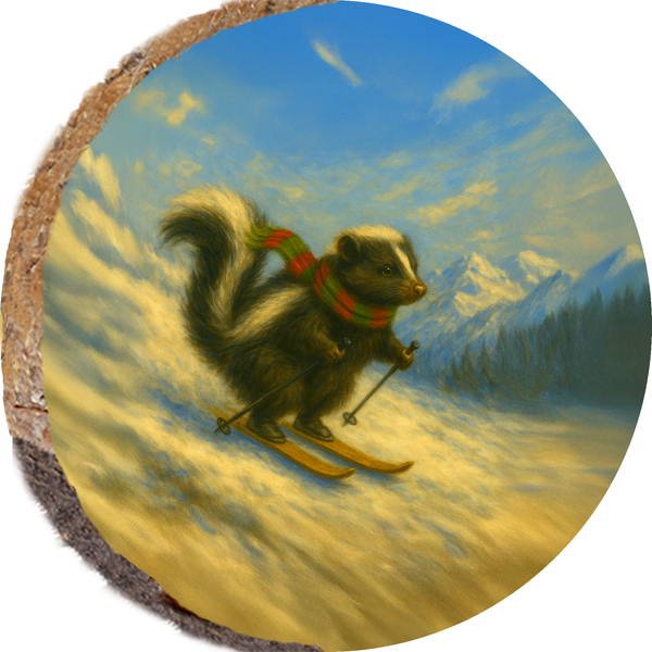 DAS075 – SKIING SKUNK: hand-painted design on a round wood slice