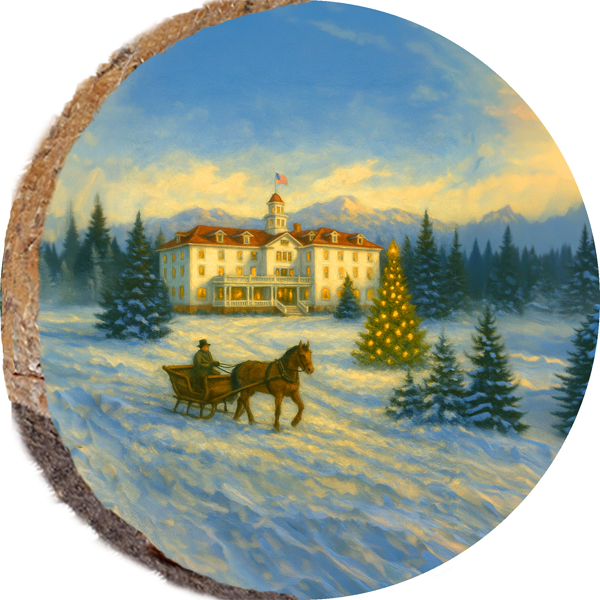 DSB391 – Stanley Hotel Christmas: hand-painted design on a round wood slice