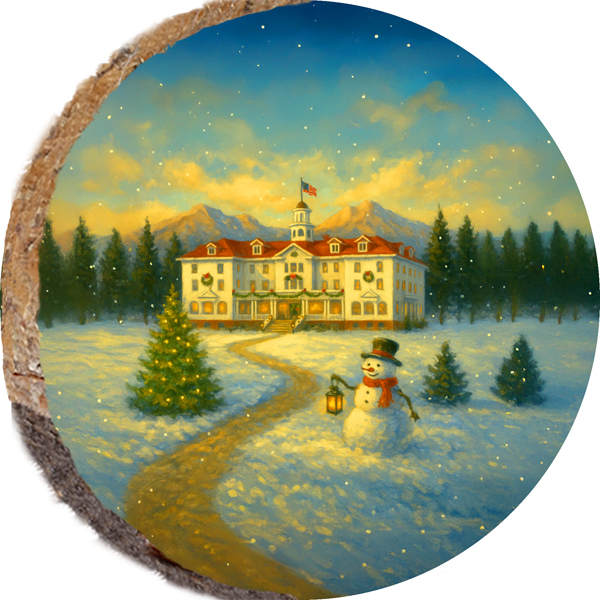 DSB432 – Stanley Hotel Christmas: hand-painted design on a round wood slice