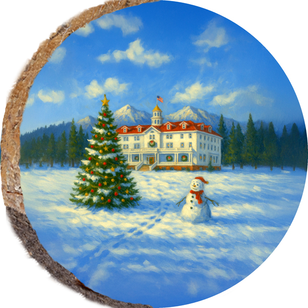 DSB434 – Stanley Hotel Christmas: hand-painted design on a round wood slice